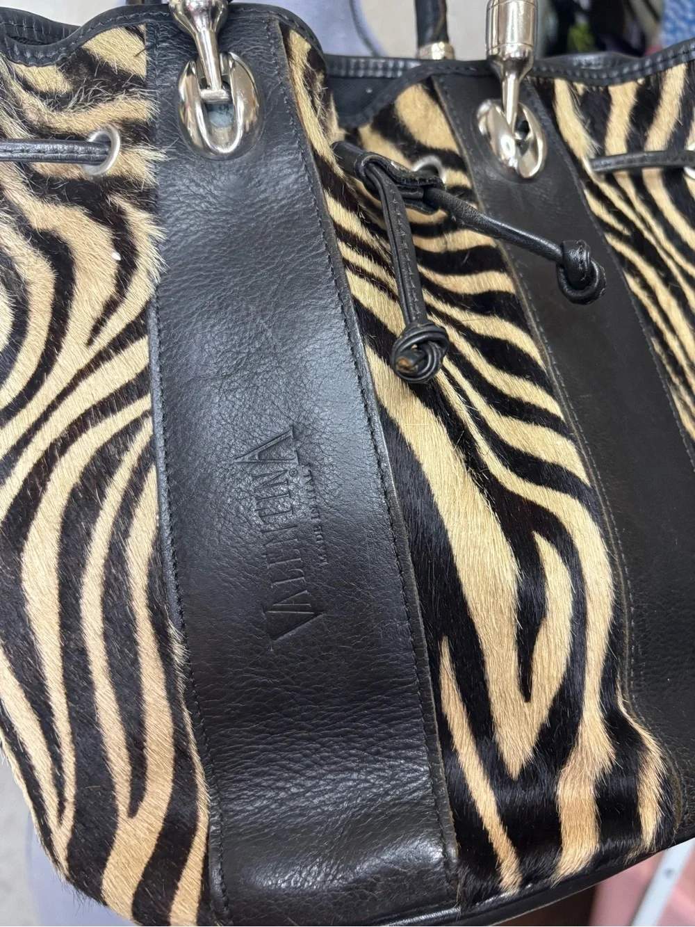 Valentina Black & Cream Zebra-Print Drawstring Bucket bag with Leather Trim